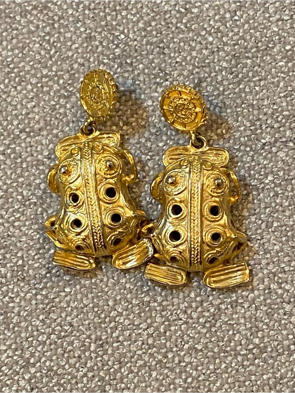 Vintage Pre-Columbian Style Gold Frog Drop Dangle Earrings